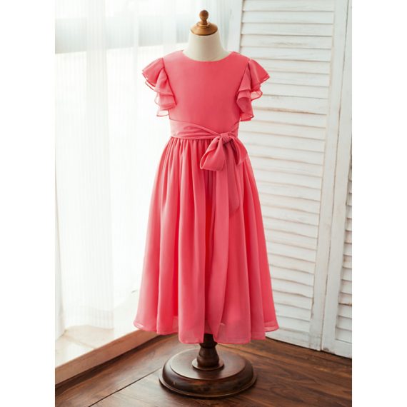 A-line Scoop Ankle-Length Chiffon Flower Girl Dress