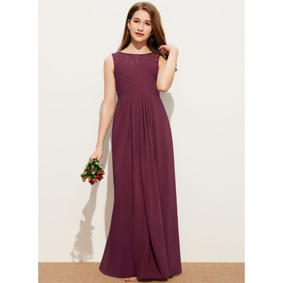 A-Line Scoop Floor-Length Chiffon Lace Junior Bridesmaid Dress With Bow(s)