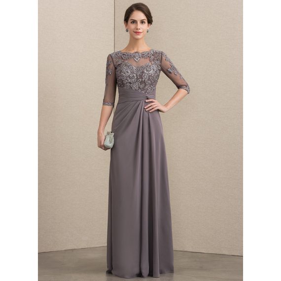 A-Line Scoop Illusion Floor-Length Chiffon Lace Evening Dress With Beading Sequins Pleated