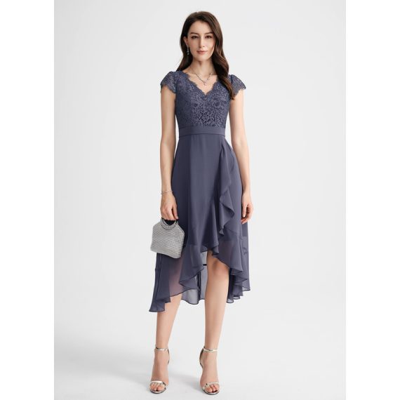A-Line V-neck Asymmetrical Chiffon Lace Cocktail Dress With Cascading Ruffles