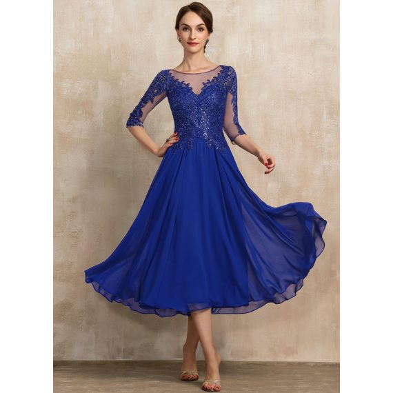 A-Line Scoop Illusion Tea-Length Chiffon Lace Cocktail Dress With Sequins