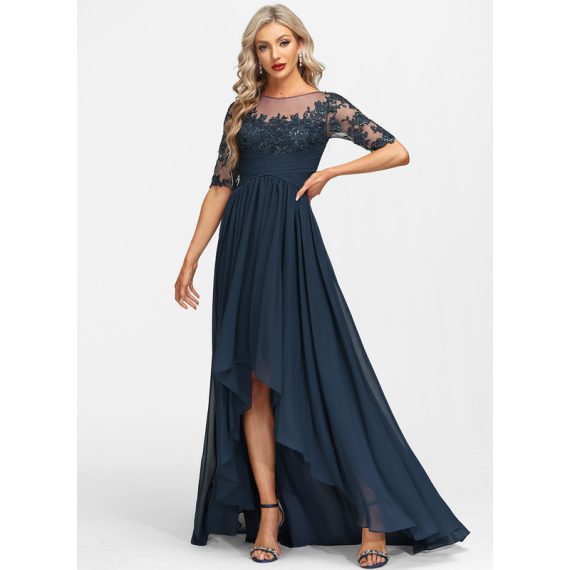 A-line Scoop Illusion Asymmetrical Chiffon Lace Mother of the Bride Dress With Pleated Sequins