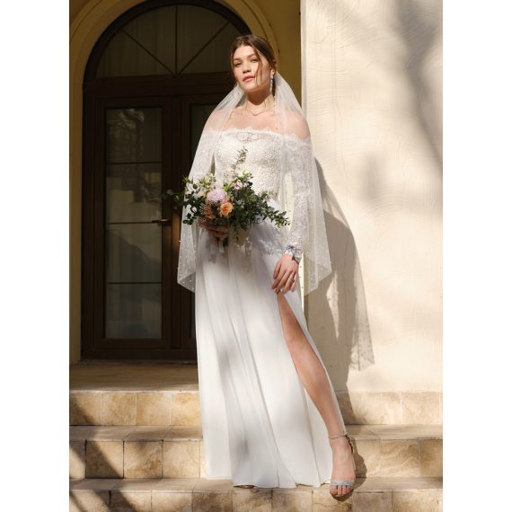 A-line Off the Shoulder Floor-Length Chiffon Lace Wedding Dress
