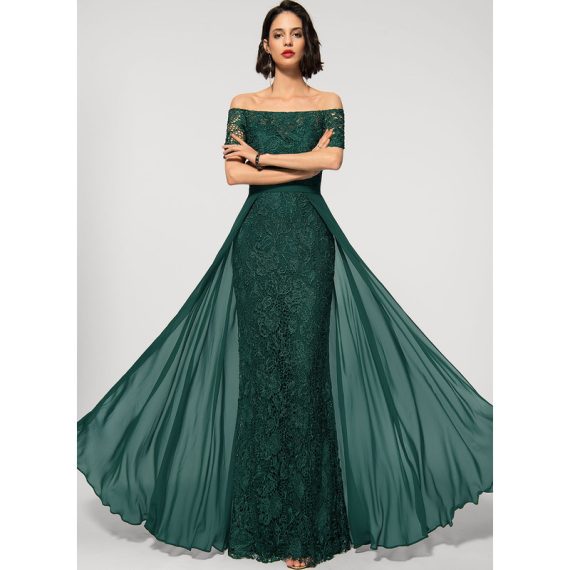 Sheath/Column Off-the-Shoulder Illusion Floor-Length Chiffon Lace Evening Dress