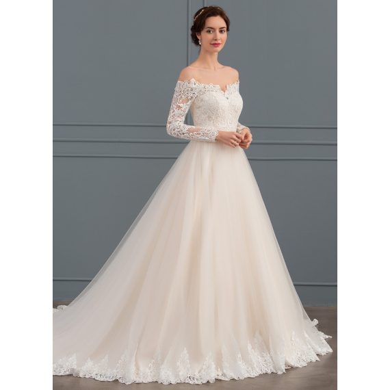Ball-Gown/Princess Off-the-Shoulder Chapel Train Tulle Lace Wedding Dress