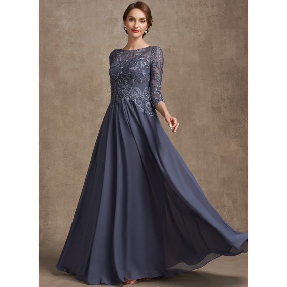 A-line Scoop Illusion Floor-Length Chiffon Lace Mother of the Bride Dress With Beading