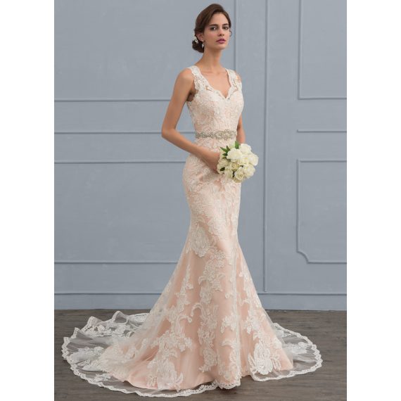 Trumpet/Mermaid V-neck Chapel Train Tulle Lace Wedding Dress With Beading