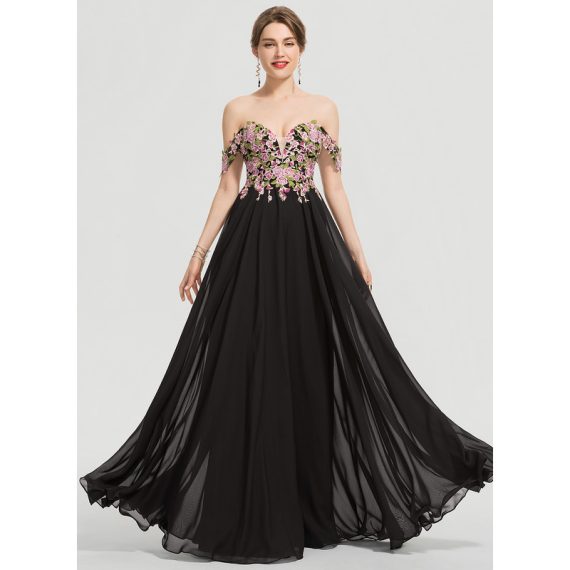 Ball-Gown/Princess Off-the-Shoulder Floor-Length Chiffon Lace Prom Dresses