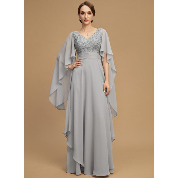 A-line V-Neck Floor-length Chiffon Lace Mother of the Bride Dress With Cascading Ruffles Sequins