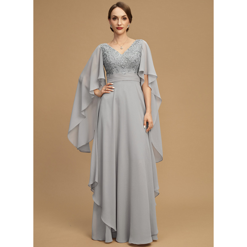 A Line V Neck Floor Length Chiffon Lace Mother Of The Bride Dress With Cascading Ruffles Sequins 