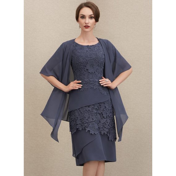 Sheath/Column Scoop Knee-Length Chiffon Lace Mother of the Bride Dress