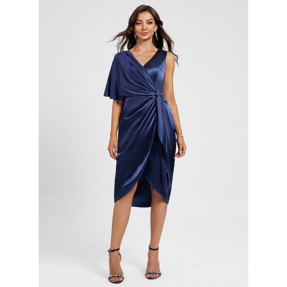 Sheath/Column V-neck Asymmetrical Charmeuse Cocktail Dress With Pleated