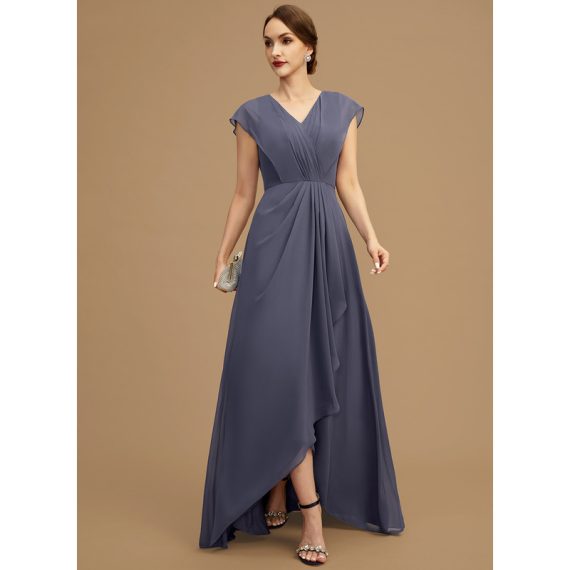 A-line V-Neck Asymmetrical Chiffon Mother of the Bride Dress With Cascading Ruffles