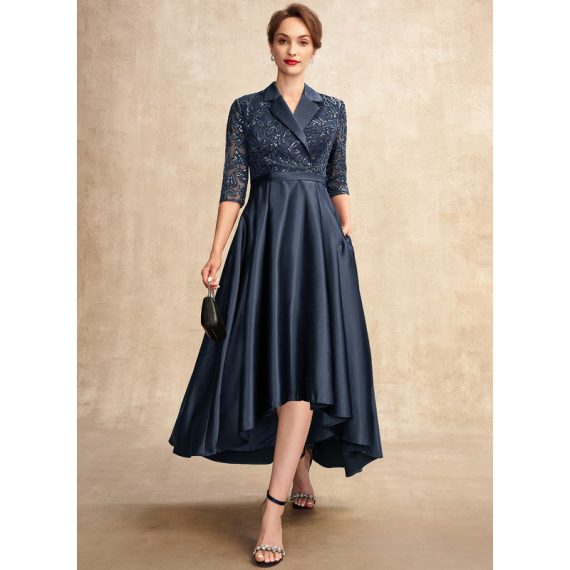 A-line V-Neck Asymmetrical Lace Satin Evening Dress With Sequins