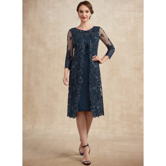 Sheath/Column Scoop Knee-length Chiffon Lace Mother of the Bride Dress With Sequins