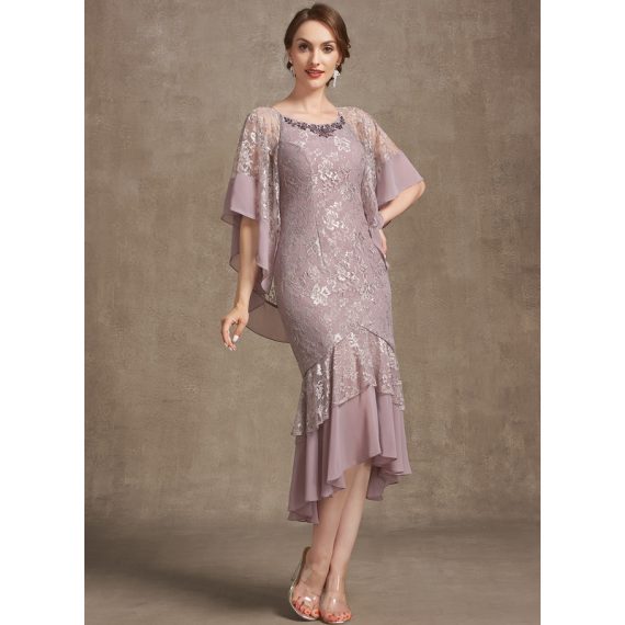 Trumpet/Mermaid Scoop Asymmetrical Chiffon Lace Mother of the Bride Dress