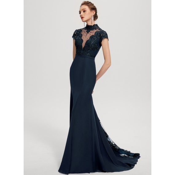 Trumpet/Mermaid High Neck Illusion Sweep Train Chiffon Lace Evening Dress With Sequins
