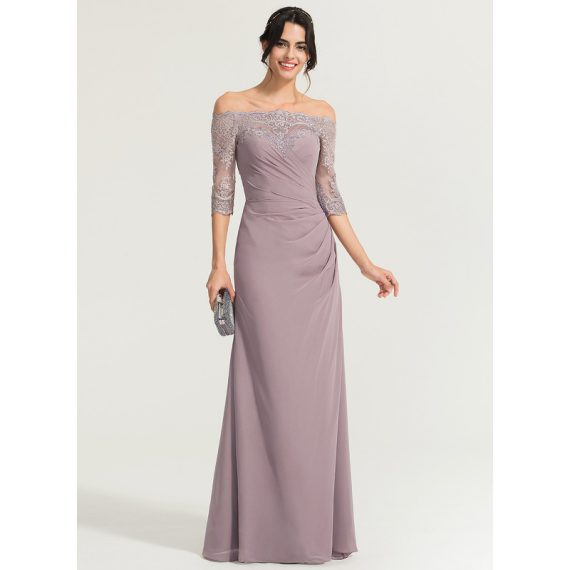Sheath/Column Off-the-Shoulder Floor-Length Chiffon Lace Evening Dress With Pleated