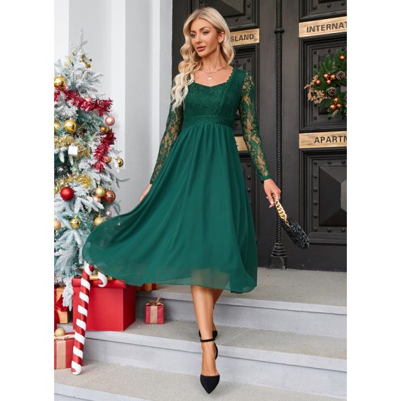 Lace Square Neck Long Sleeves Elegant A-line Chiffon Midi Dresses