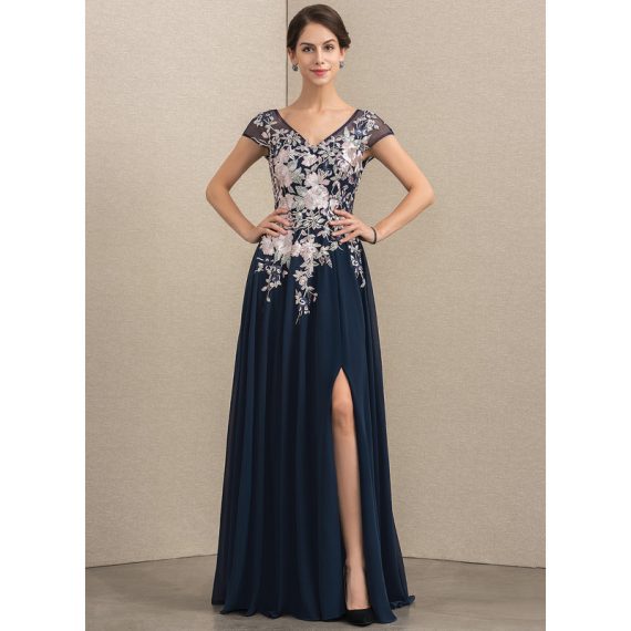A-line V-Neck Floor-length Chiffon Lace Mother of the Bride Dress