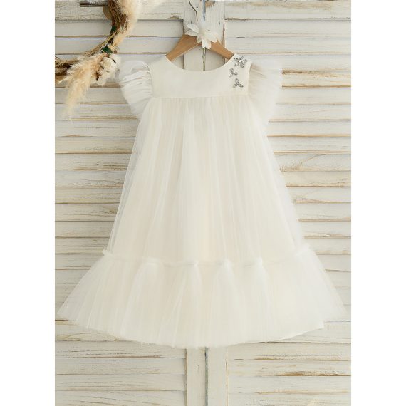A-line Scoop Knee-Length Satin/Tulle Flower Girl Dress