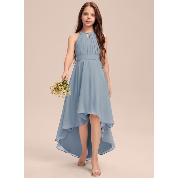 Empire Halter Asymmetrical Chiffon Junior Bridesmaid Dress With Pleated