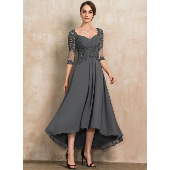 A-Line Sweetheart Asymmetrical Chiffon Lace Mother of the Bride Dress With Beading Sequins Pleated