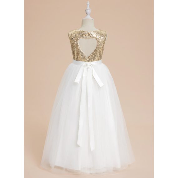 A-line Scoop Floor-Length Satin/Tulle/Sequined Flower Girl Dress