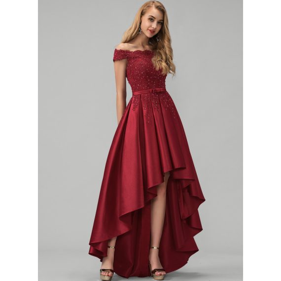 Ball-Gown/Princess Off-the-Shoulder Asymmetrical Satin Prom Dresses With Beading Sequins Bow(s)