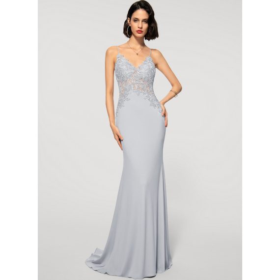 Sheath/Column V-neck Sweep Train Lace Jersey Evening Dress