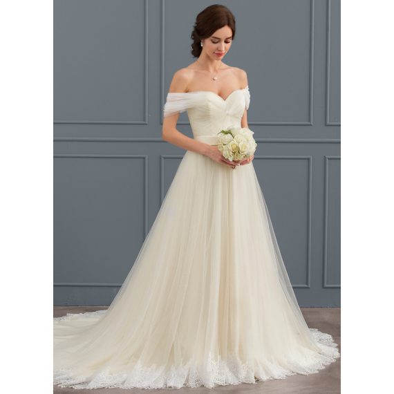 Ball-Gown/Princess Off-the-Shoulder Court Train Tulle Lace Wedding Dress With Ruffle