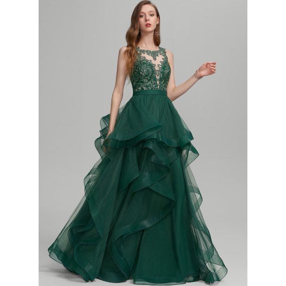 Ball-Gown/Princess Scoop Illusion Floor-Length Tulle Lace Evening Dress