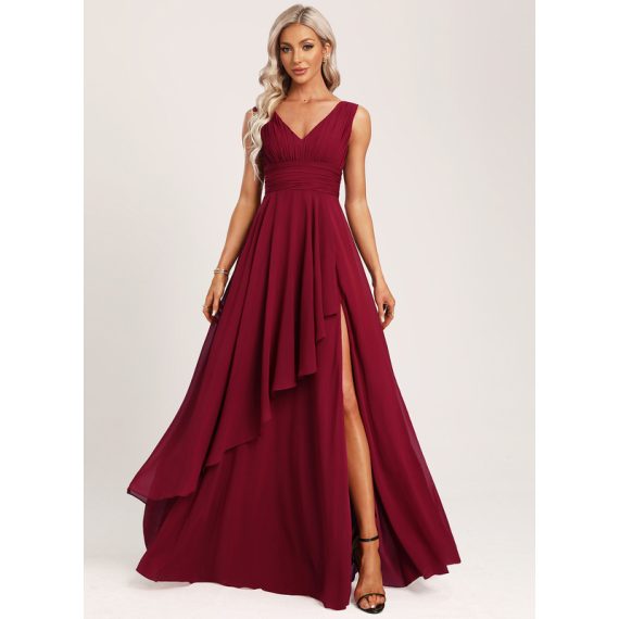 A-Line V-neck Floor-Length Chiffon Bridesmaid Dress With Ruffle