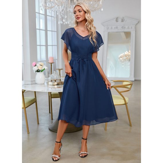 V-Neck Short Sleeves Elegant A-line Chiffon Midi Dresses