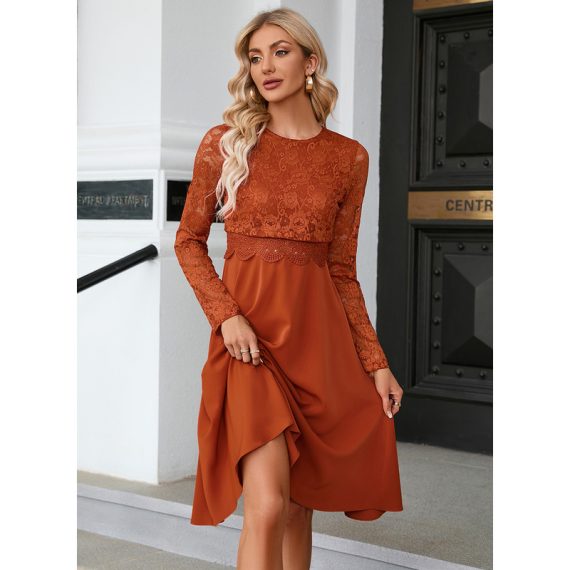Round Neck Long Sleeves Elegant A-line Lace Dresses