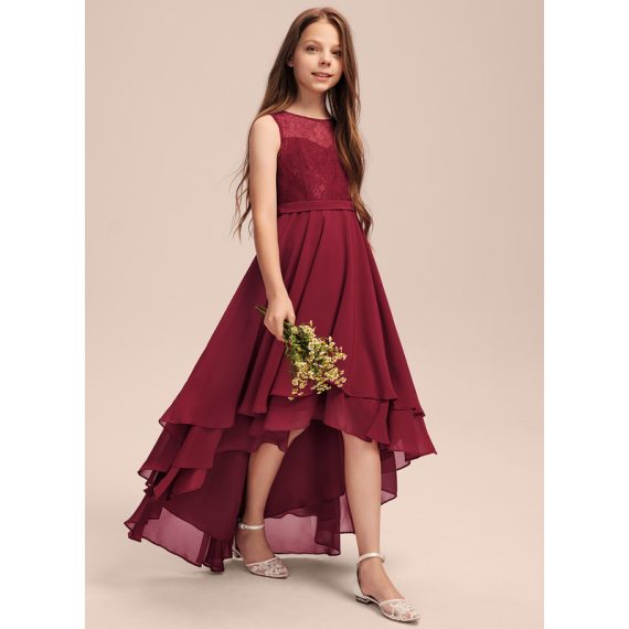 A-Line Scoop Asymmetrical Chiffon Lace Junior Bridesmaid Dress With Cascading Ruffles