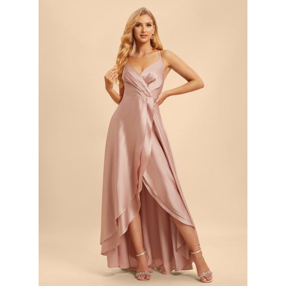 A-Line V-neck Asymmetrical Satin Bridesmaid Dress With Ruffle