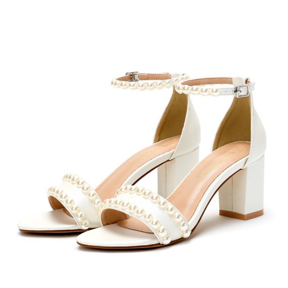 Women's Leatherette High Heel Block Heel Peep Toe With ankle strap Beaded