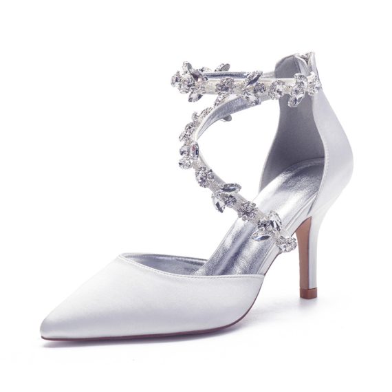 Women's Satin Stiletto Heel High Heel Closed Toe With ankle strap Chain Rhinestone