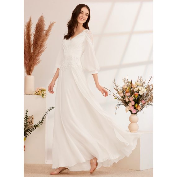 A-line V-Neck Floor-Length Chiffon Wedding Dress