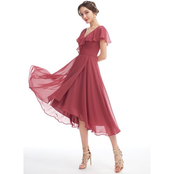 A-Line V-neck Asymmetrical Chiffon Bridesmaid Dress With Ruffle