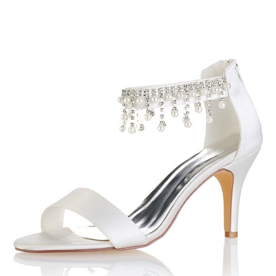 Women's Satin Stiletto Heel High Heel open Toe With ankle strap Chain Rhinestone