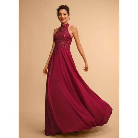 A-line Halter Floor-Length Chiffon Lace Prom Dresses With Sequins