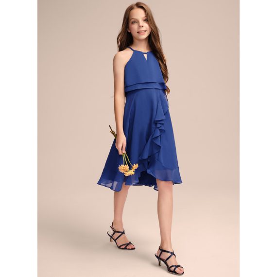 A-Line Halter Knee-Length Chiffon Junior Bridesmaid Dress With Cascading Ruffles