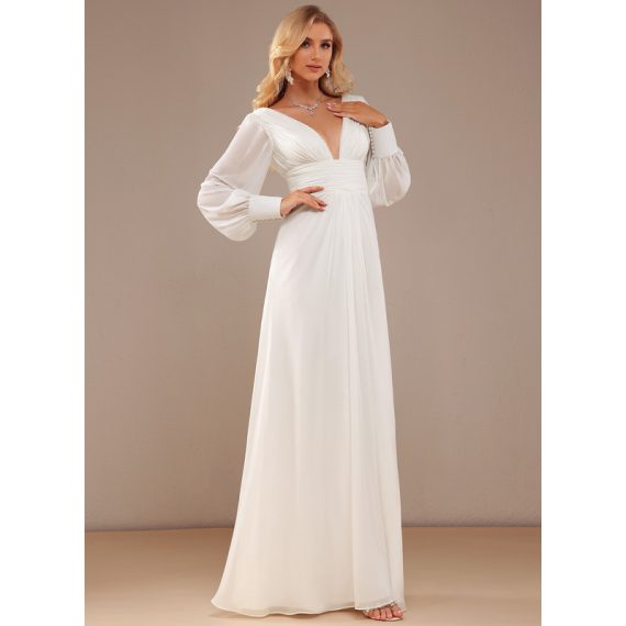 A-line V-Neck Floor-Length Chiffon Wedding Dress With Ruffle