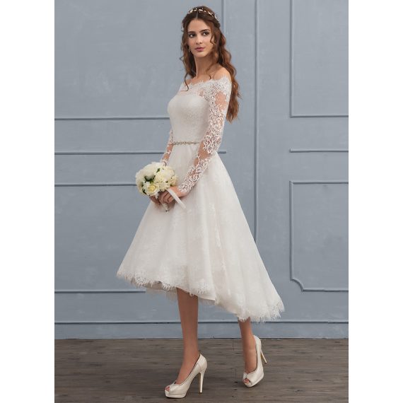A-Line Off-the-Shoulder Asymmetrical Lace Wedding Dress With Beading