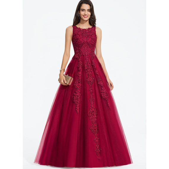 Ball-Gown/Princess Scoop Sweep Train Lace Tulle Prom Dresses With Beading