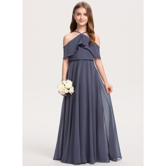 A-Line Halter Cold Shoulder Floor-Length Chiffon Junior Bridesmaid Dress With Cascading Ruffles