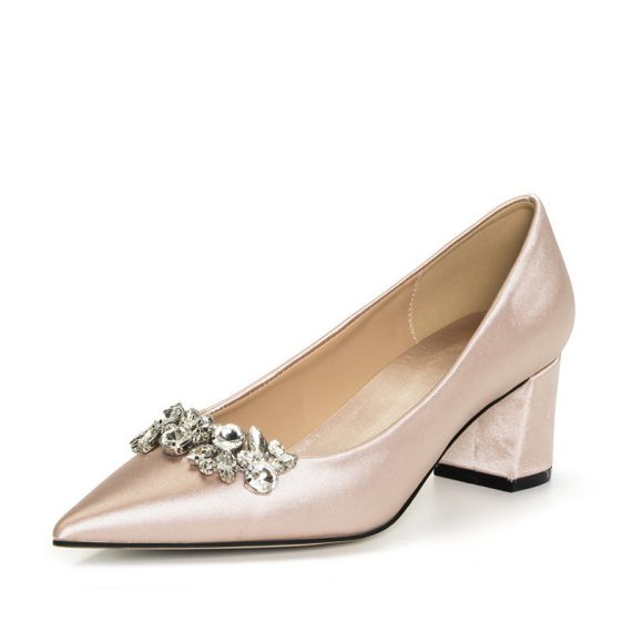 Women's Satin High Heel Block Heel Closed Toe With Rhinestone