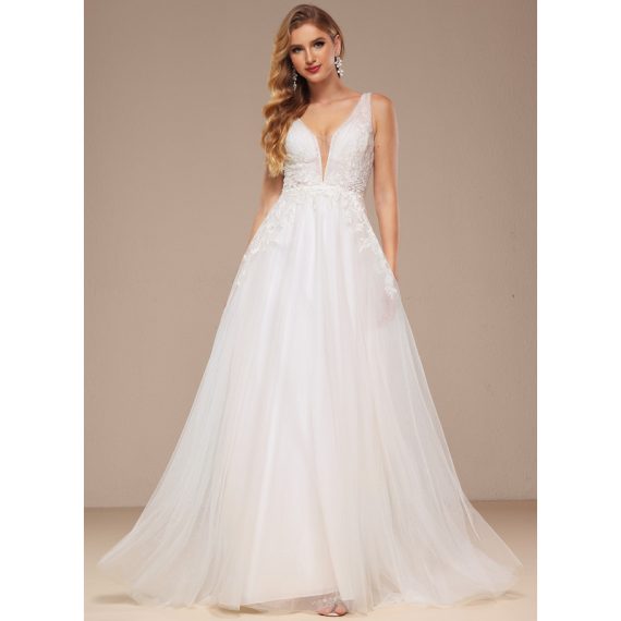 A-Line V-neck Sweep Train Tulle Lace Wedding Dress With Sequins